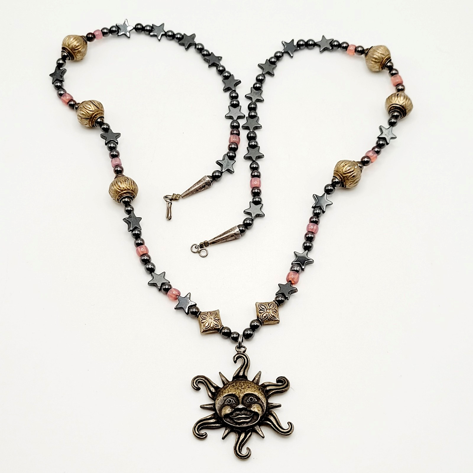 Celestial Sun Stars Black Hematine Bead Pendant Gold Tone Cone Ends Necklace