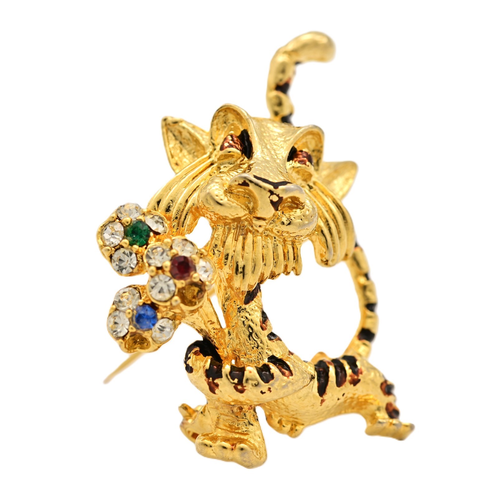 J MAZER Original Vintage Multi Rhinestone Enamel Estate Flower Tiger Brooch Pin