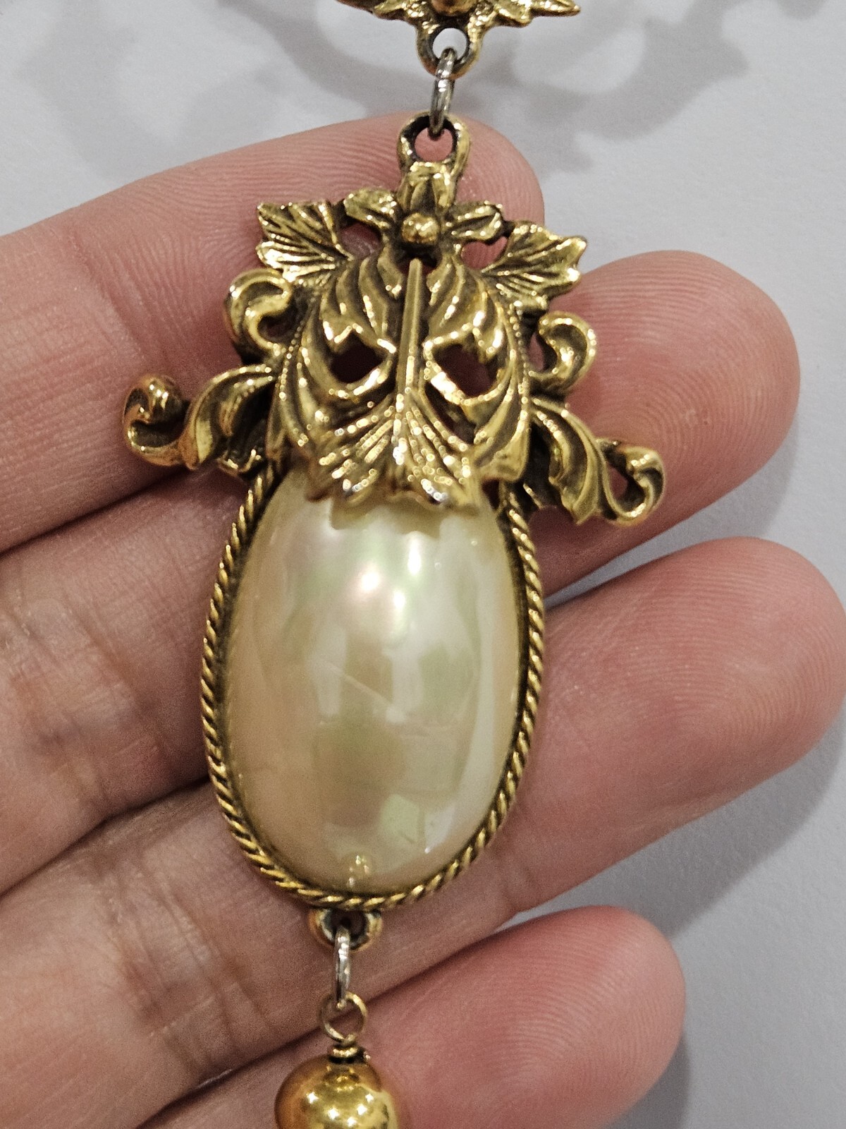 Vintage Goldette White Faux Pearl Dangle Fringe Victorian Revival Necklace 60’s