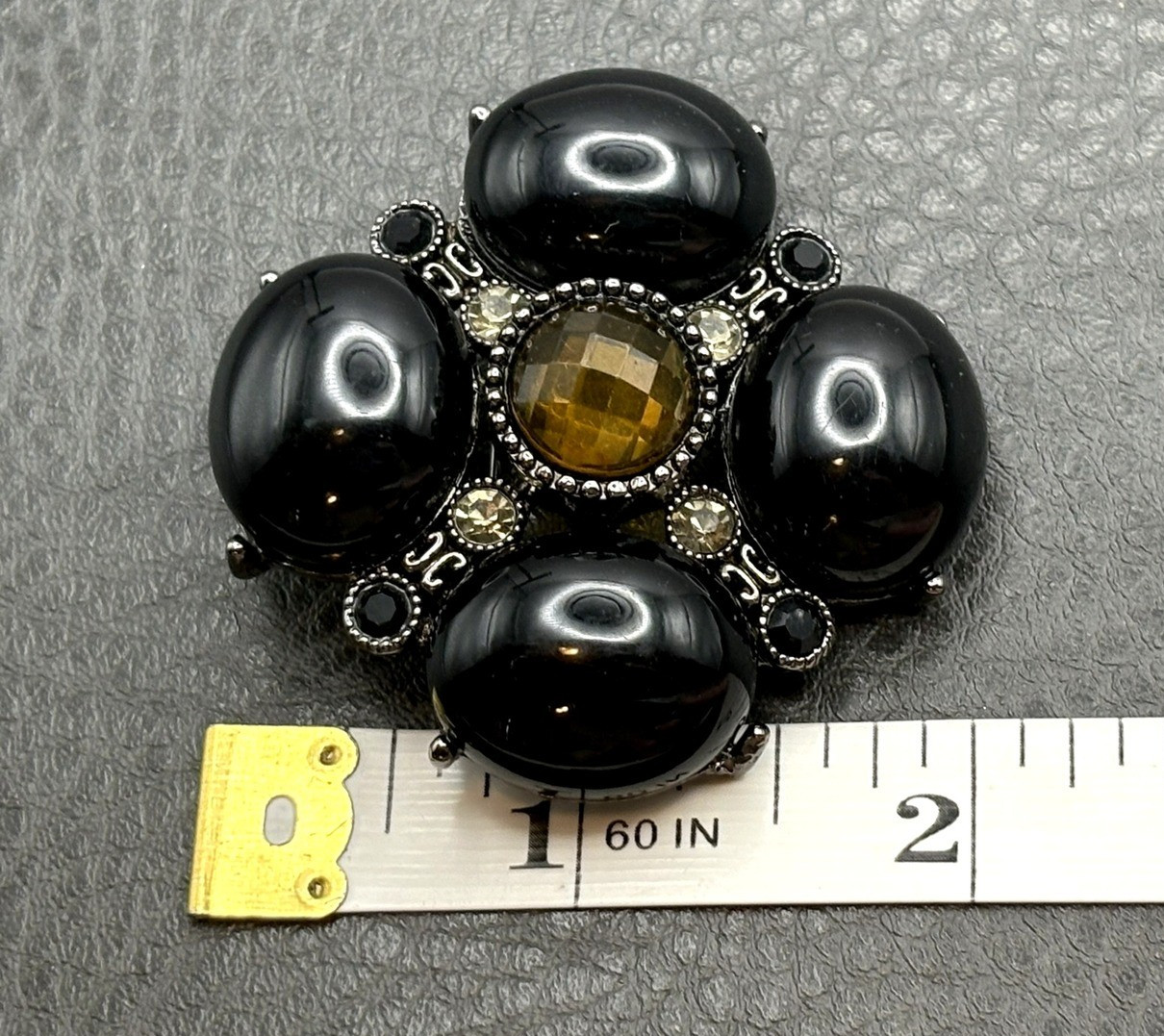 Vintage Black Faux Onyx & Faux Topaz Rhinestone Crystal Brooch Pin Pendant