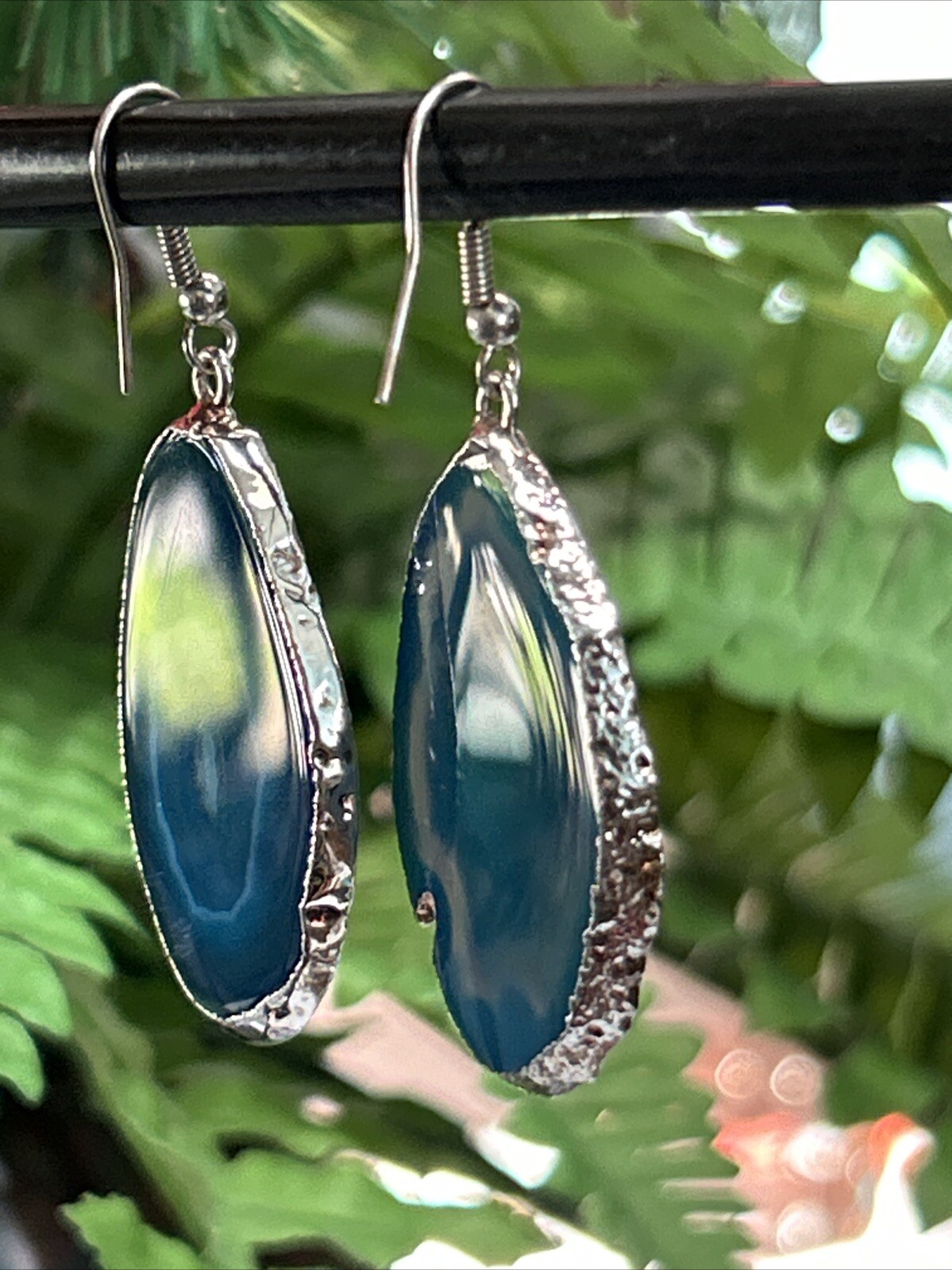 Vintage Silver Tone Blue Geode Slice Dangle Drop Pierced Earrings Large 2.25”