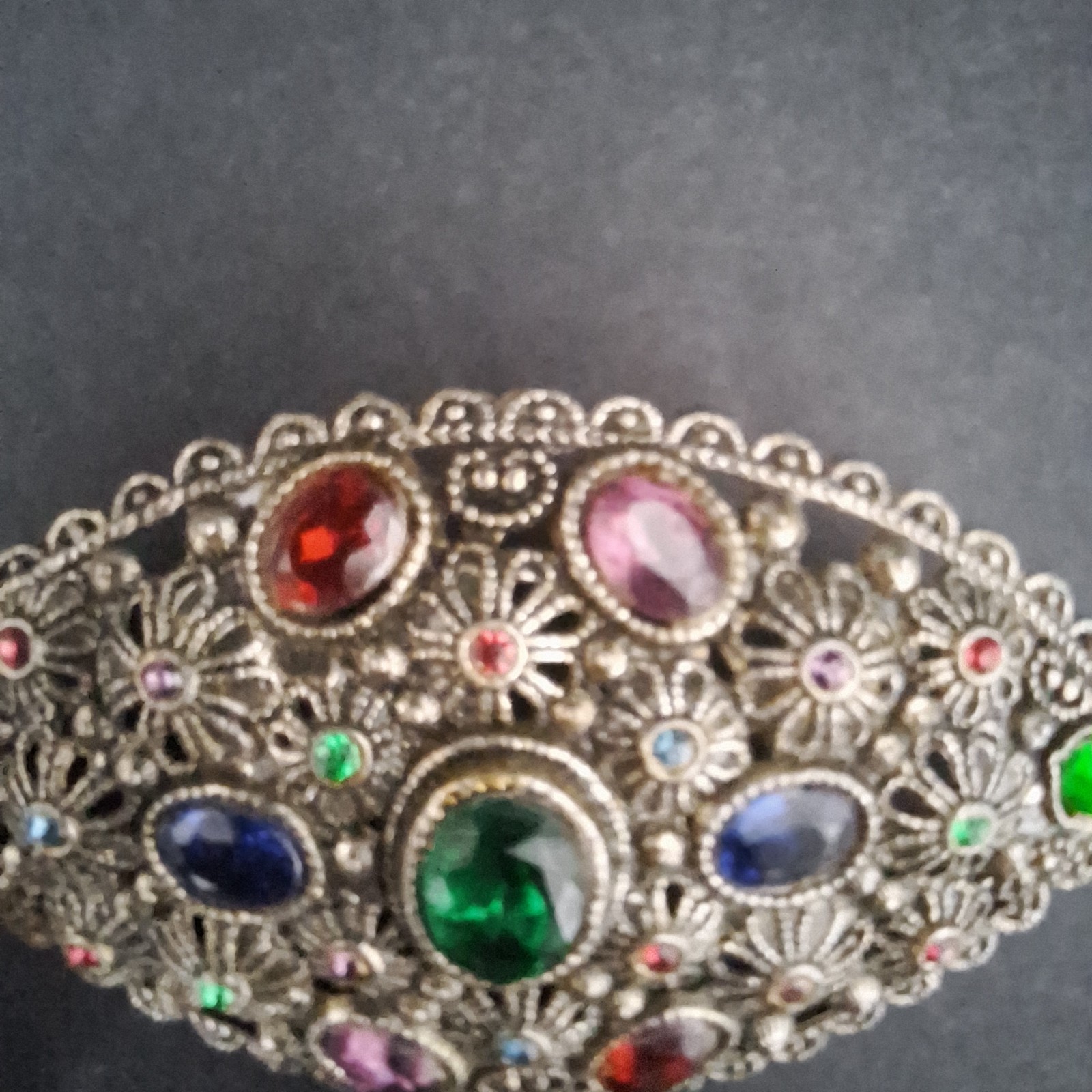 New England Glass Works Brooch Silver Tone Floral Filigree Czech Rhinestones VTG
