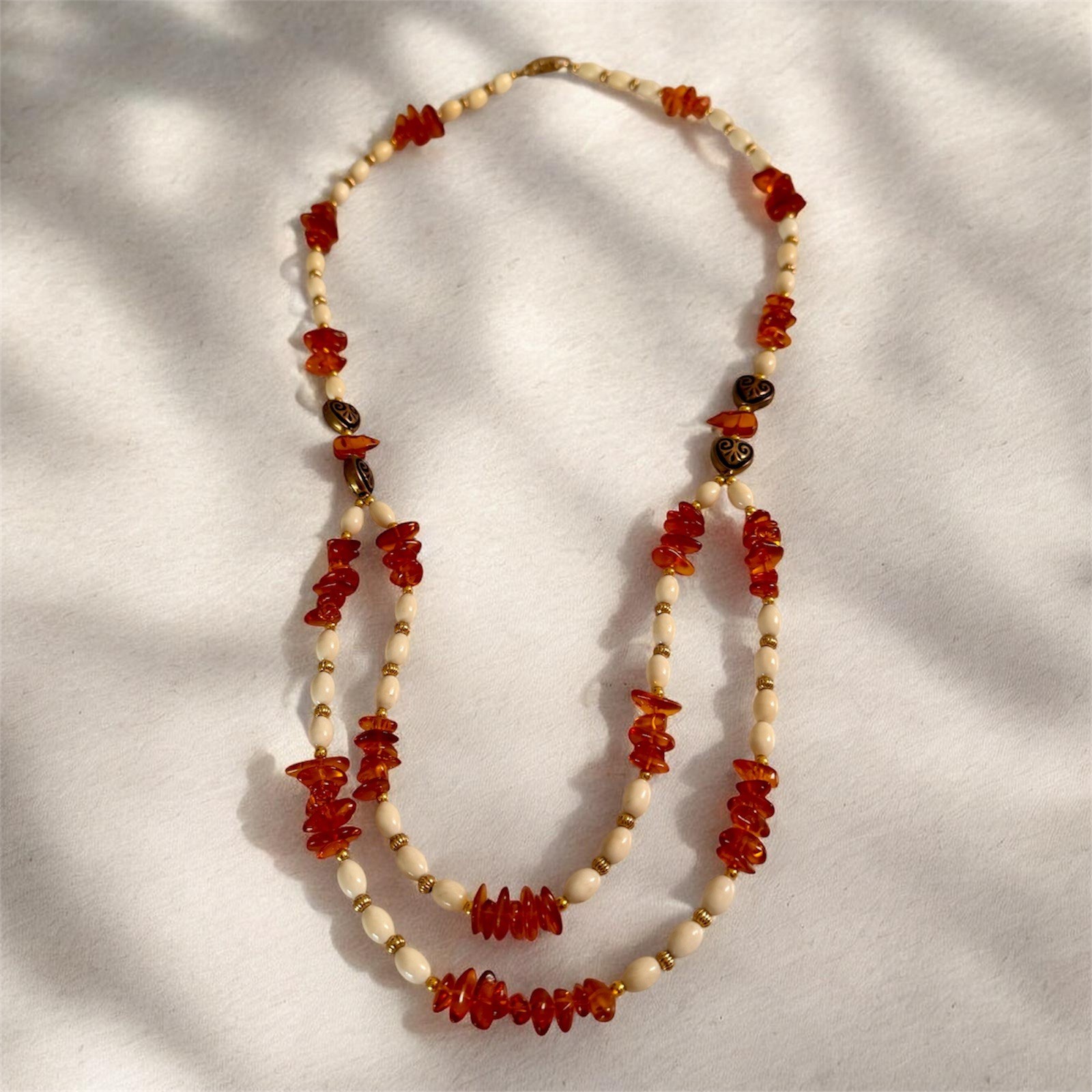 Vintage Lee Sands Double Strand Amber Bead Necklace Heart Spacer Boho Coastal