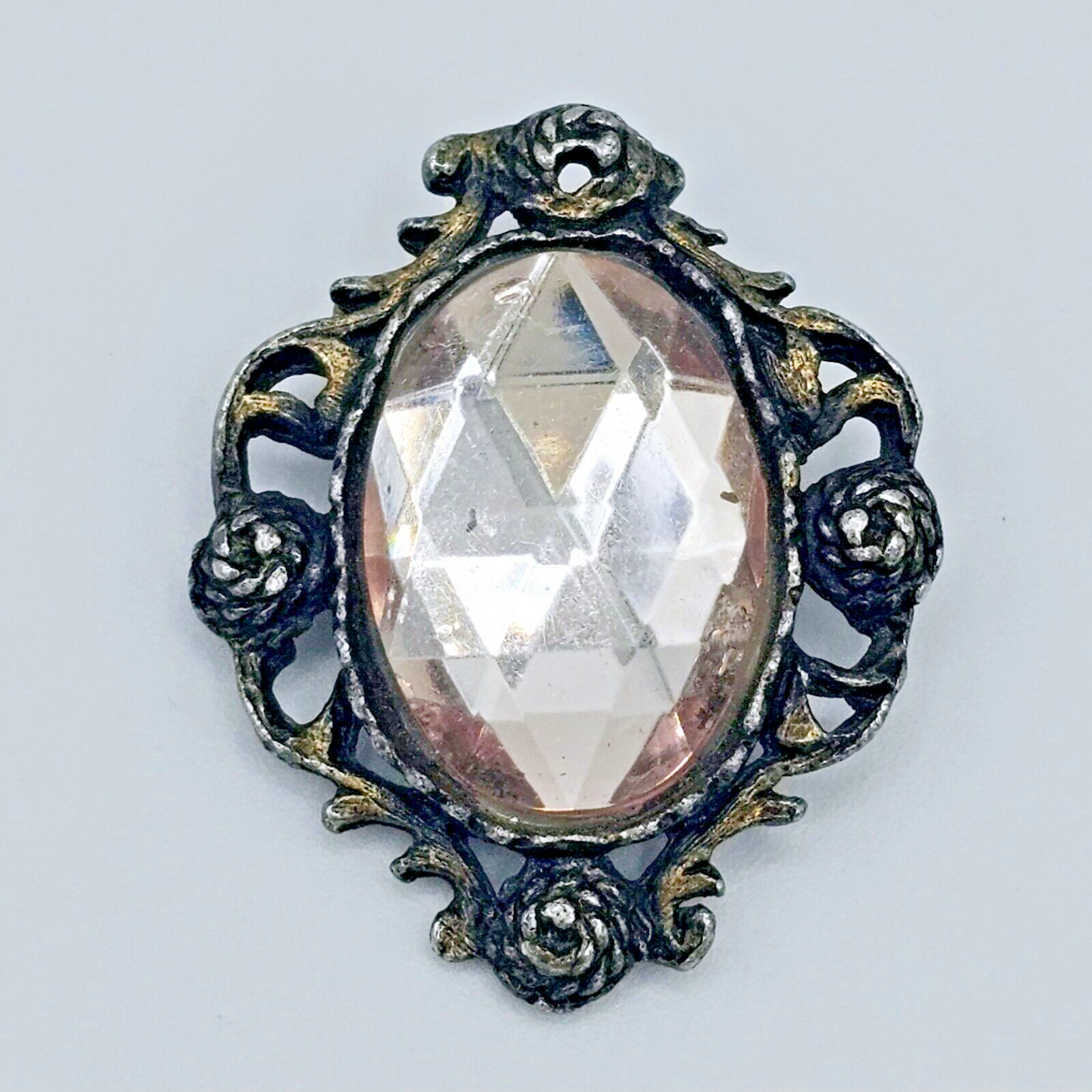 Victorian Faceted Gem Brooch Pendant Vintage Pale Pink Rope Flowers Estate Pin