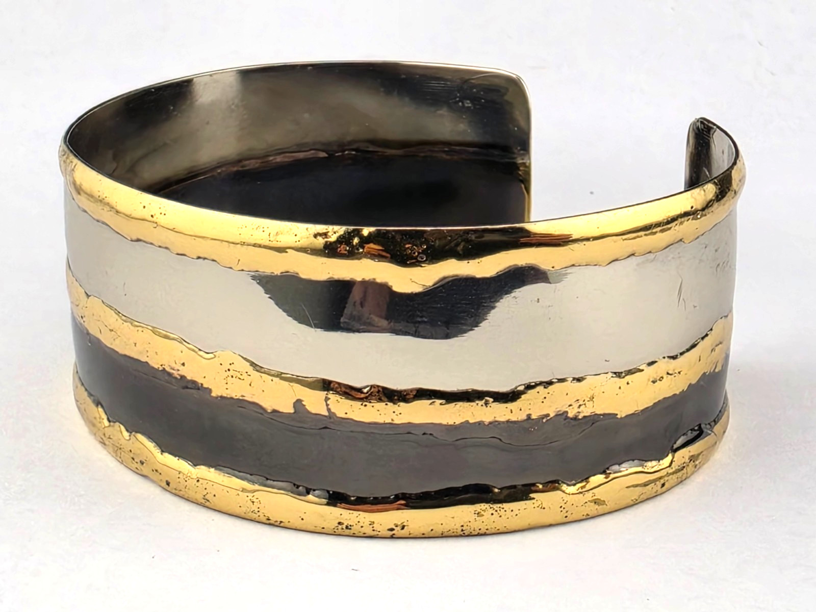 Handmade Brutalist Mixed Metals Brass Silver Oxidized 7.5″ Cuff Bracelet
