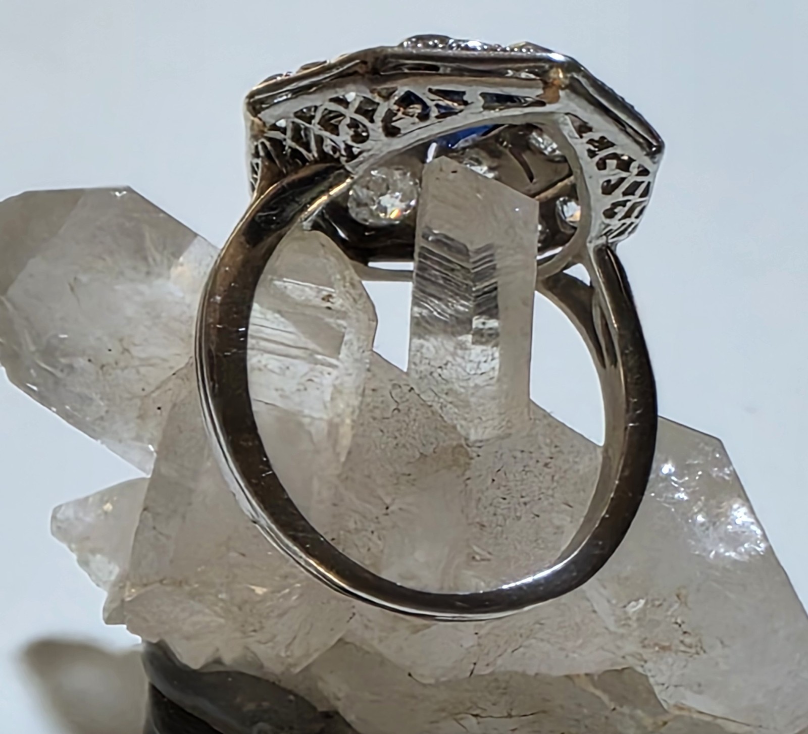 Antique Platinum Old European And Mine Cut Diamonds Blue Synthetic Sapphire Ring