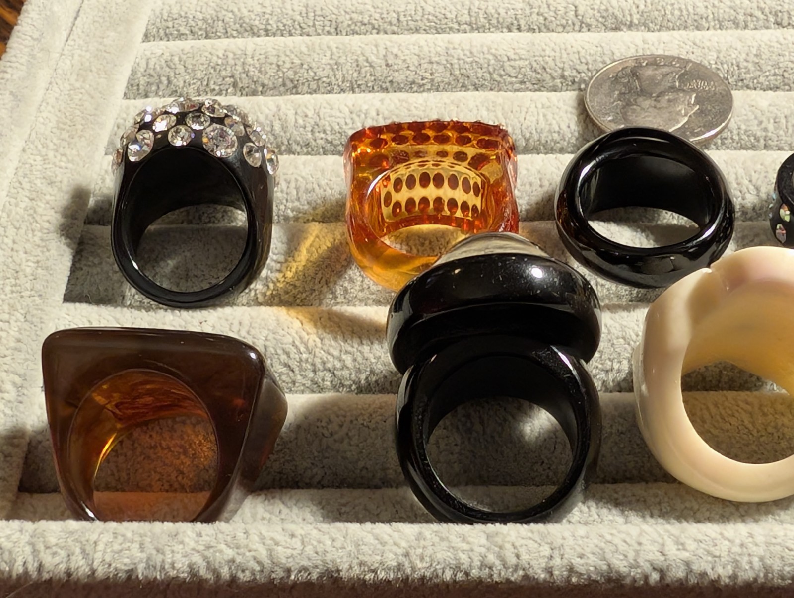 11 Vintage Handmade Bakelite Lucite Stone Wood Black Coral Rings! Various Sizes!