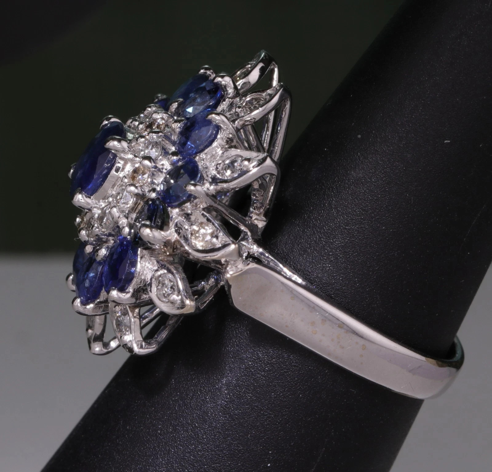 Blue Sapphire and Diamond Right Hand Ring 14K White Gold – Size 6.5