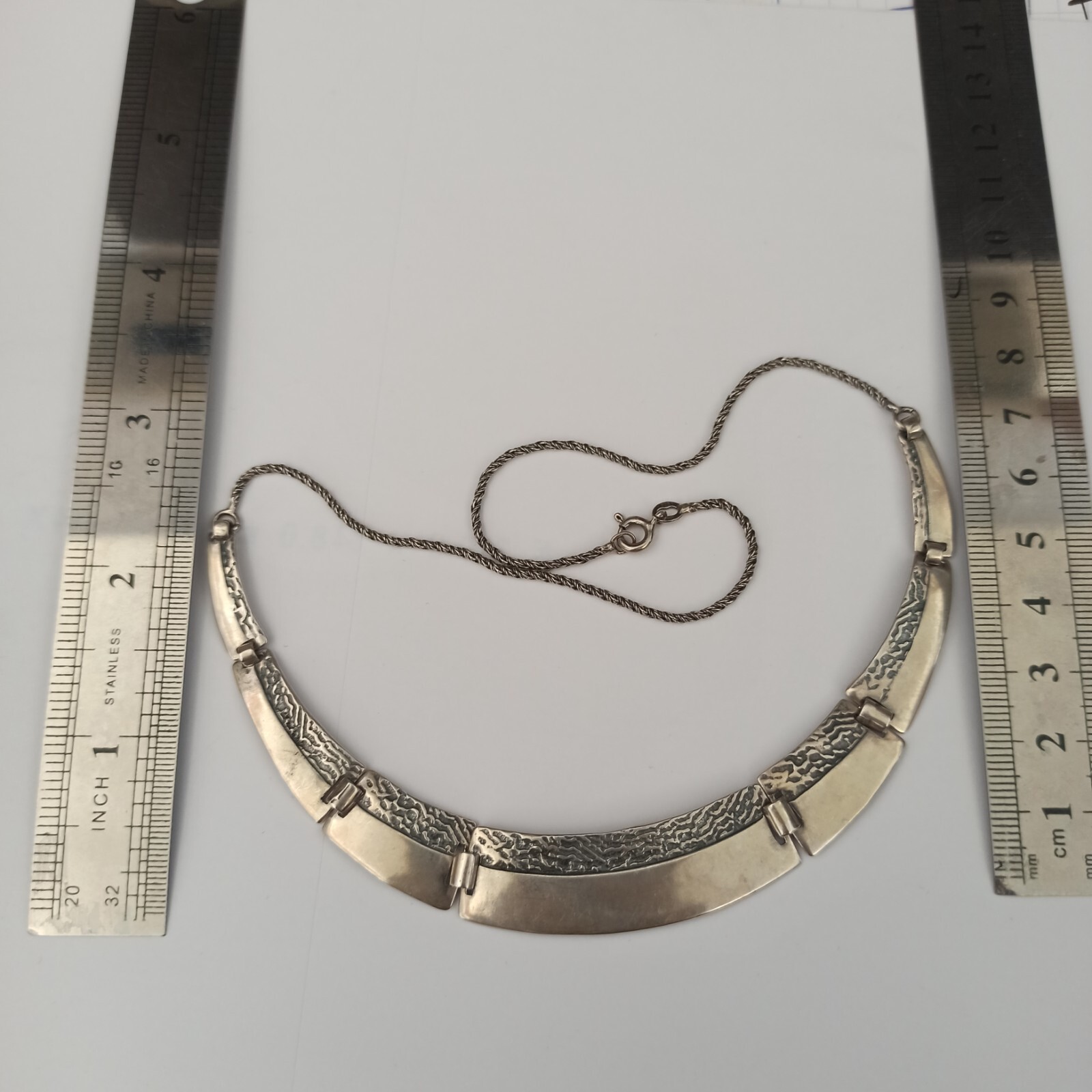 VTG Silver Artisan Necklace Modernist Articulated Links Textured Bib 90s Gift