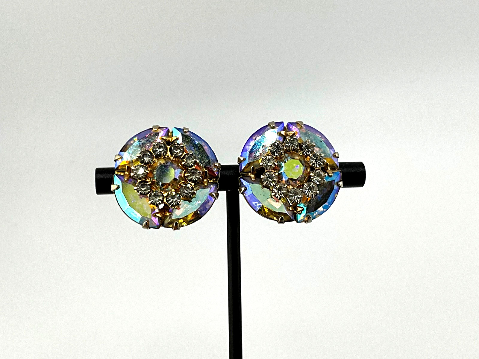 Vintage Aurora Borealis Crystal Earrings Mid Century Hollywood Regency Glam