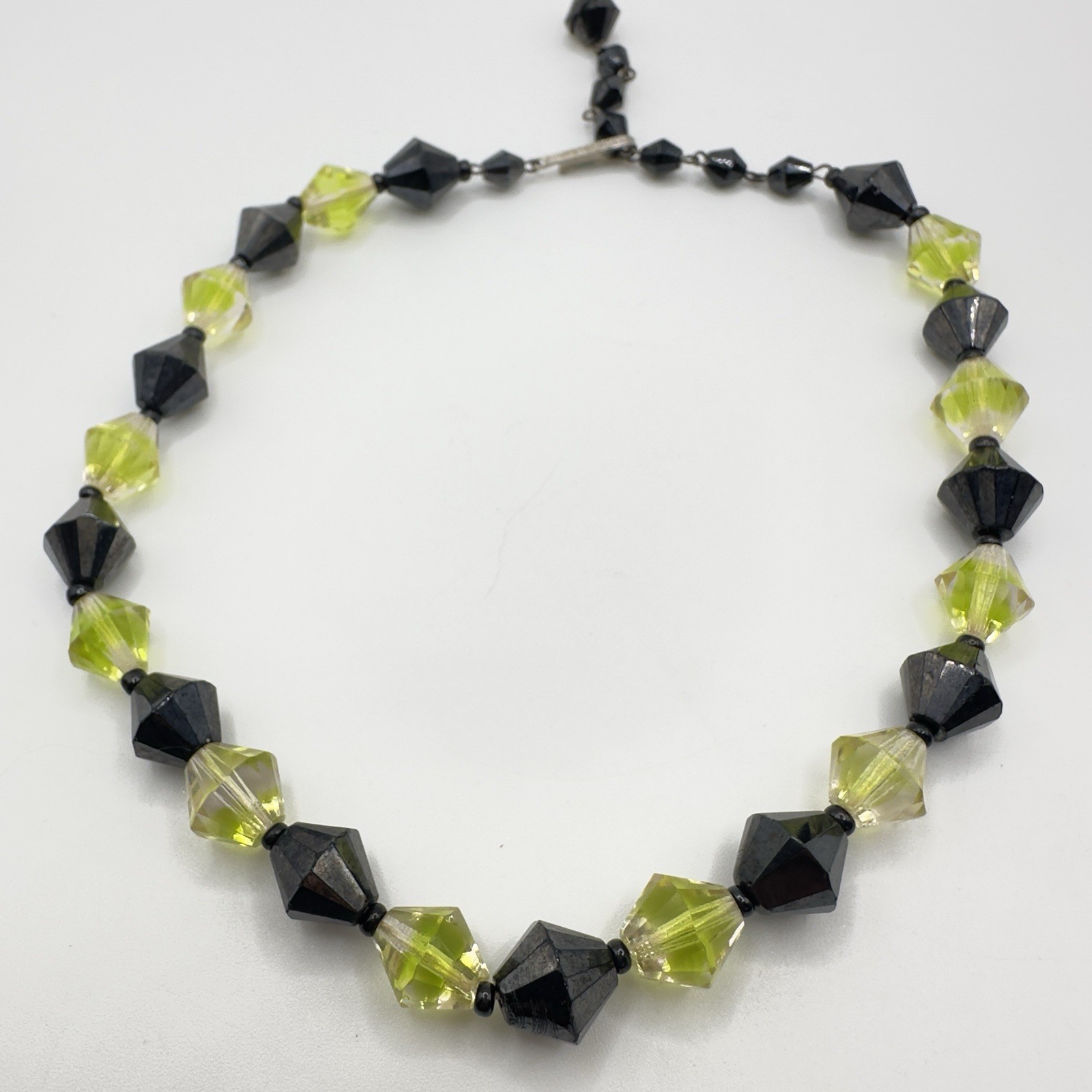 Vintage West Germany Necklace Black & Chartreuse Bicone Glass Bead Choker 15”