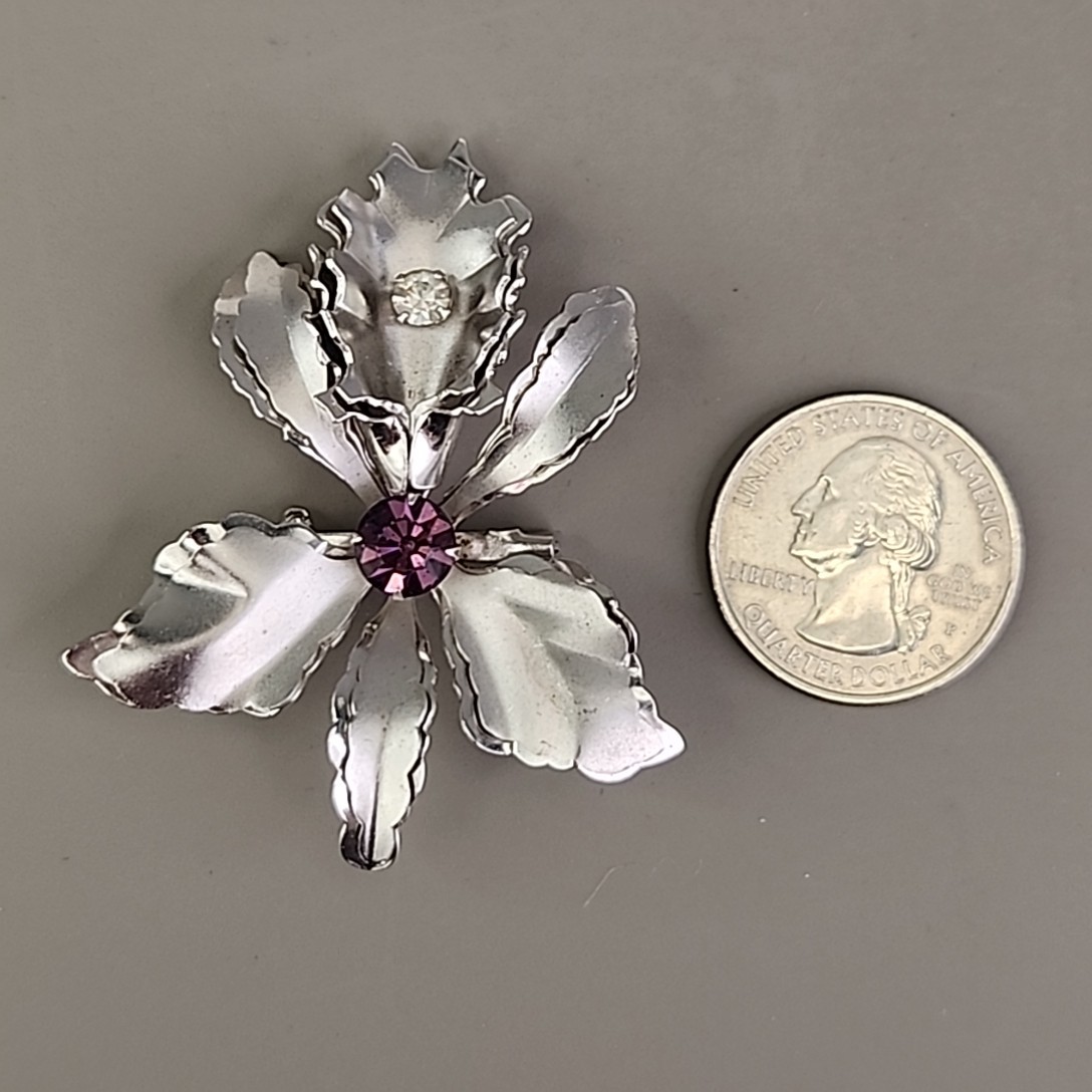 Vintage Flower Brooch Orchid Purple Rhinestone Silver Tone 2″