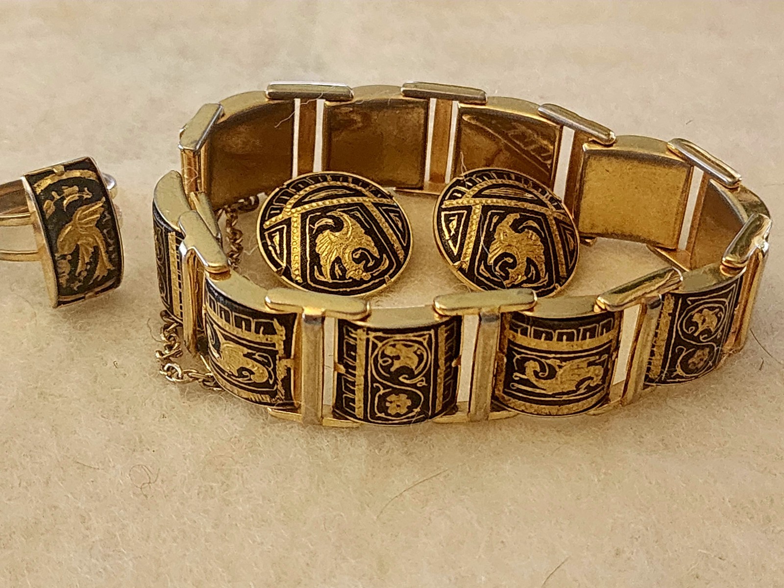 Vintage Damascene Bracelet, Earrings, Ring 7.5″ X 5/8″