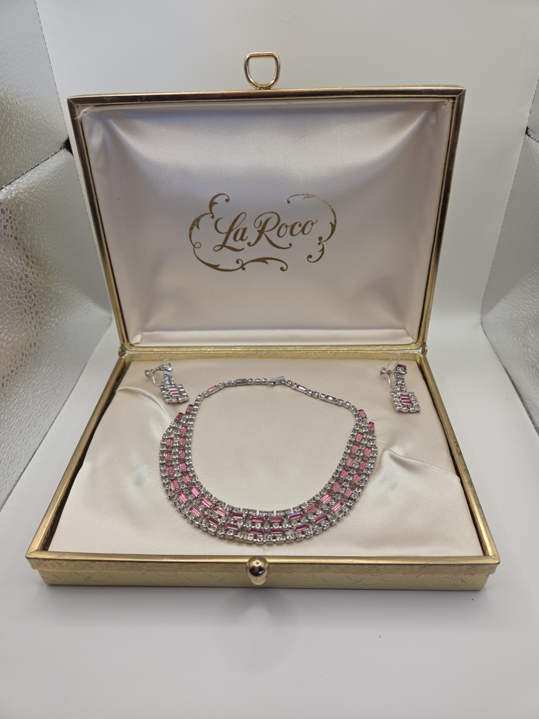 La Roco 1950’s Triple Row Baguette Collar Crystal Pink White Rhinestone Set Box