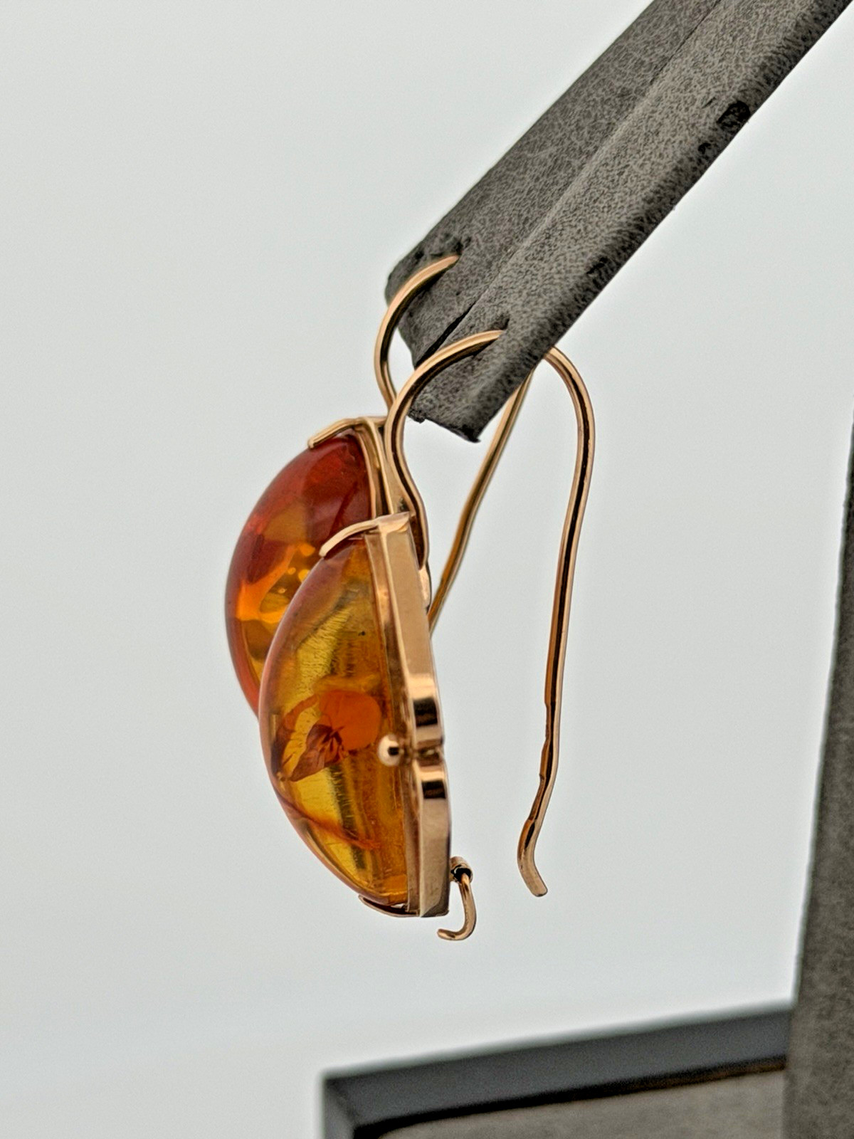 Vintage Russia 14K 585 Rose Pink Gold Honey Amber Earrings And Ring Set