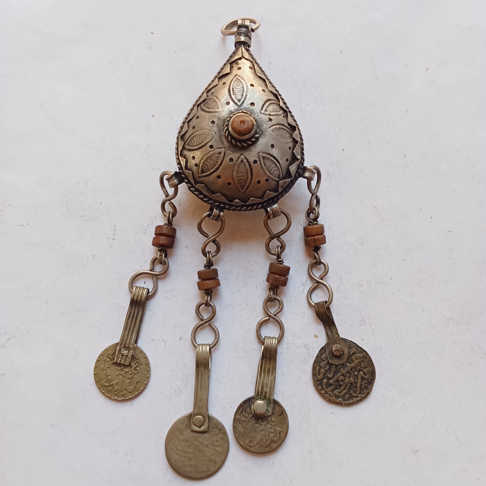 Antique Silver Tone Bedouin Prayer Box Necklace Dangle Bells