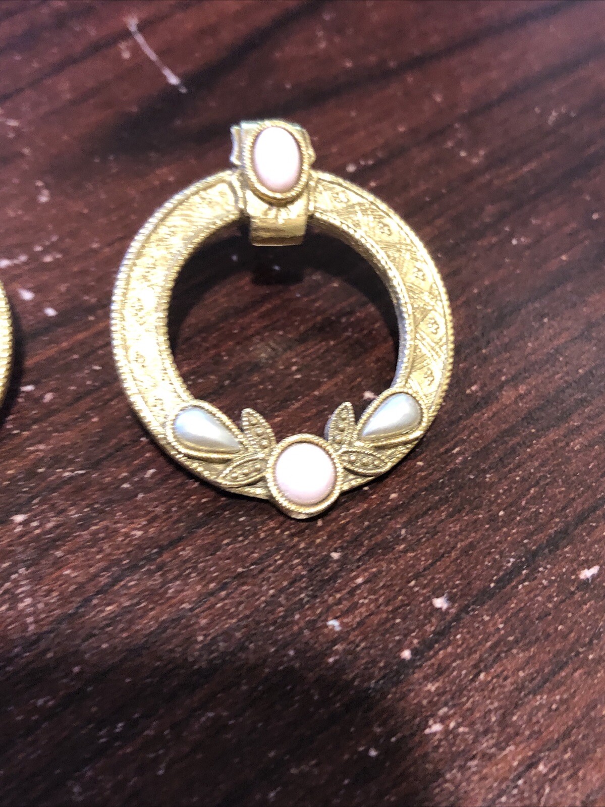1928 Style Gold Tone Pierced Earrings Faux Pink Pearl and Gray Teardrop w/Brooch