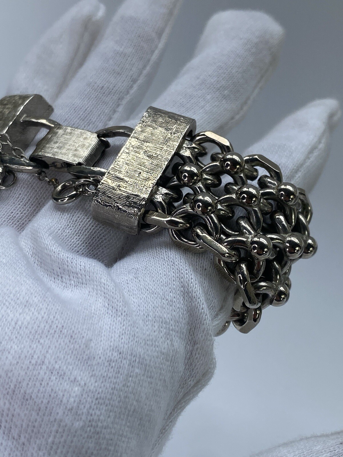 Vintage Cathé Cathe Chunky Silver Tone Heavy Brutalist Ball & Chain Bracelet