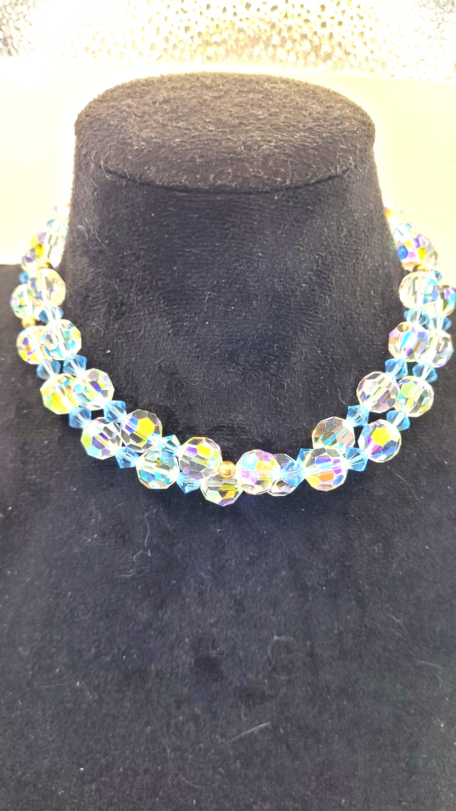 Vintage Czech 25” Necklace Crystal AB Aurora Borealis Faceted Blue Ball Glass