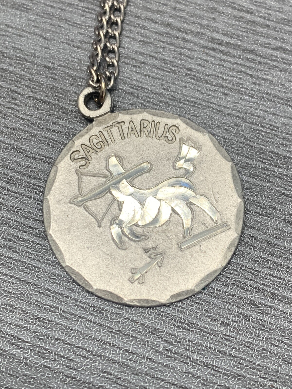 Vintage Pewter BDA Zodiac astrology Sagittarius Engraved Pendant Necklace 18”