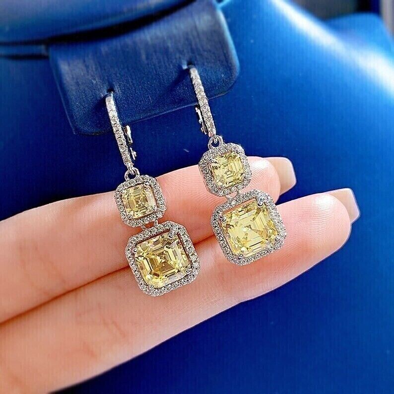 Art Deco Asscher Cut Citrine Lab Created Diamond Engagement 925 Silver Earrings