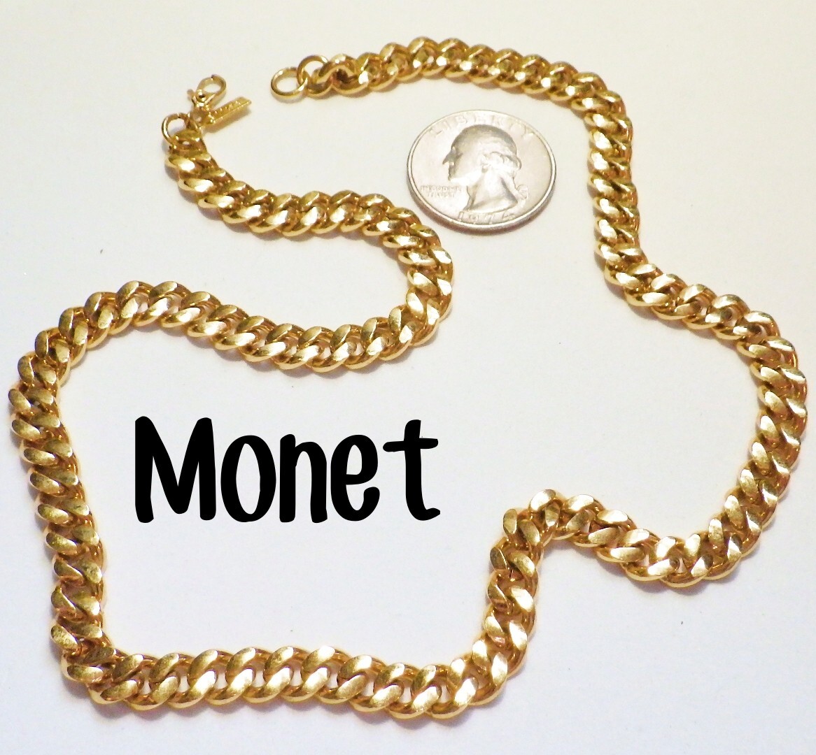 Vtg Signed MONET Heavy Cuban Link Gold Plate Chain Sister Clasp 18″ x 3/8″ 48.7g