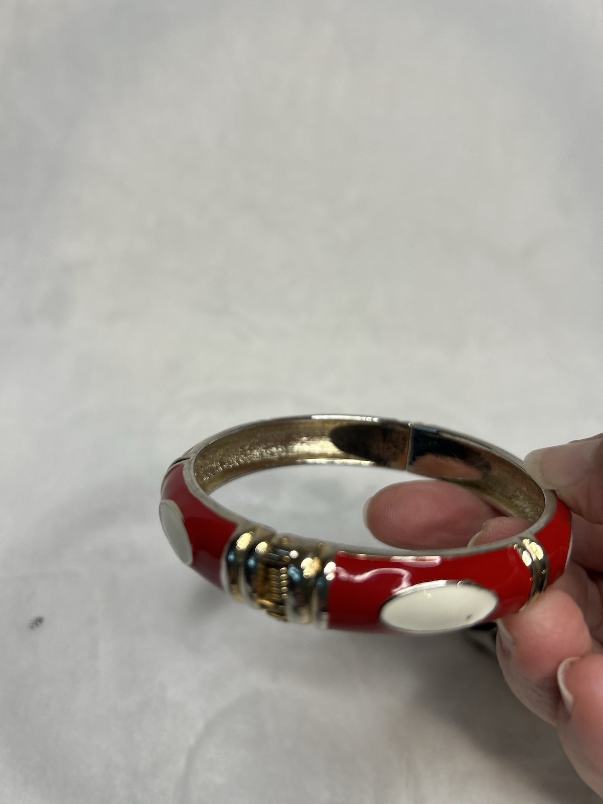 Vintage Enamel Bangle Bracelet Set Of 2, Hinged Gold Tone Red White Black