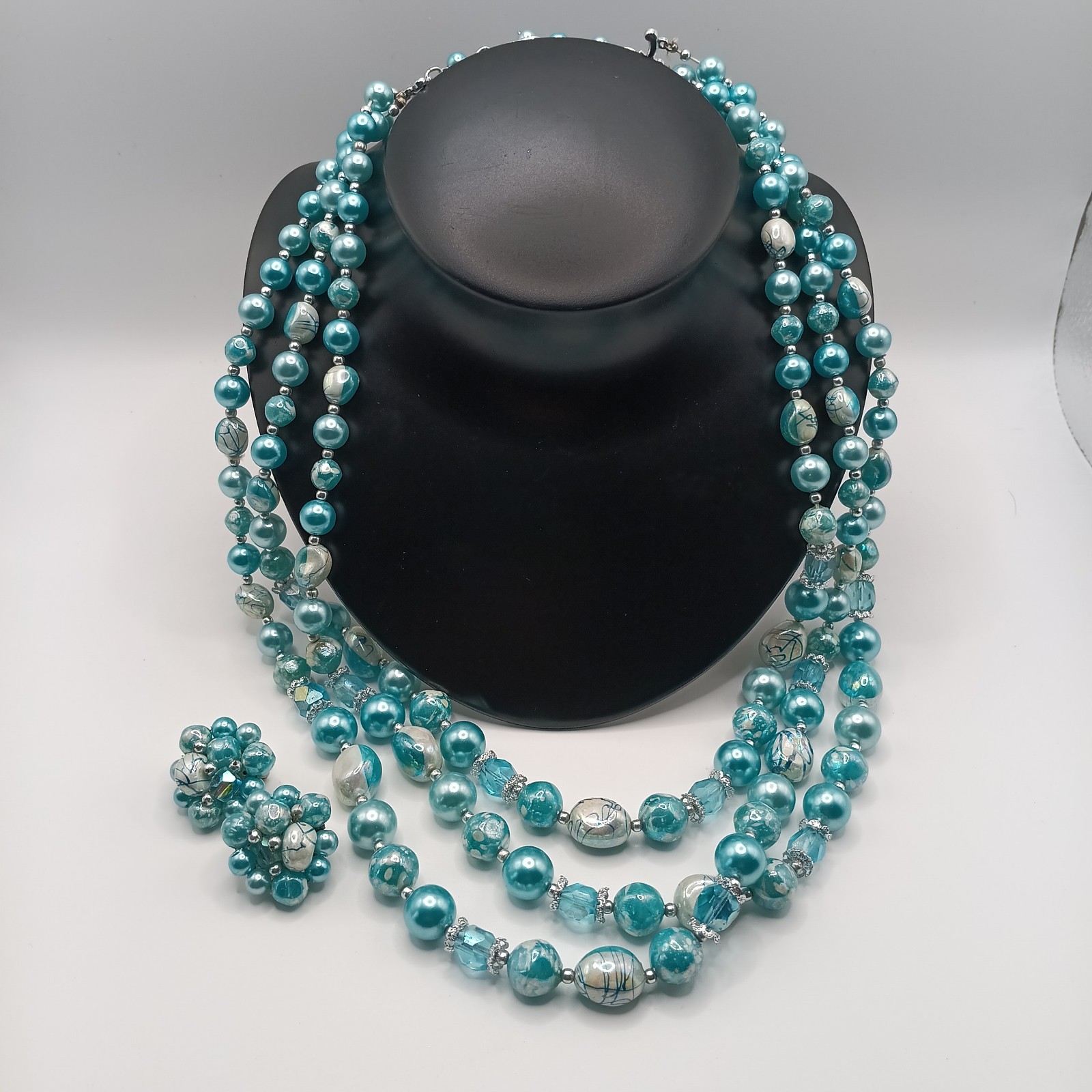 VTG Blue/AB Bead Demi Parure 3 Strand Stamped Japan Necklace And Clipon Earrings