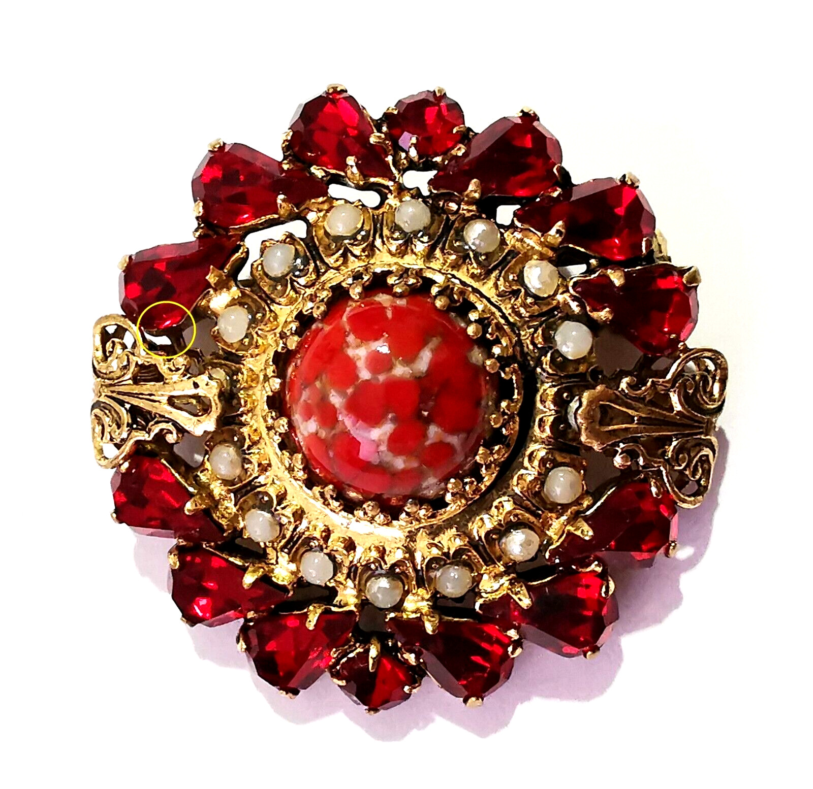 Vintage Czech Red Glass Brooch Pin Gilded Brass Faux Pearls Central Art Glass