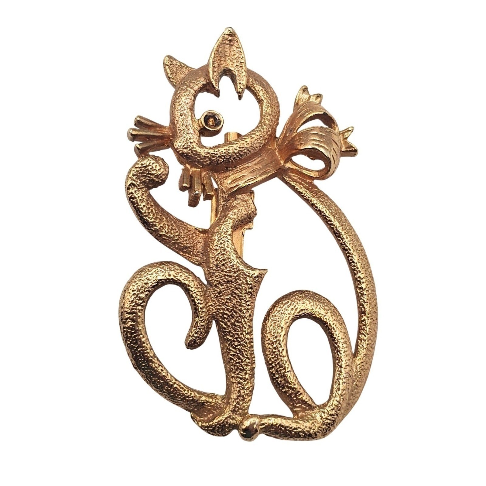 Vtg Cat Brooch Pin Gold Tone Textured Kitty with Bow Animal Lover Gift Cute