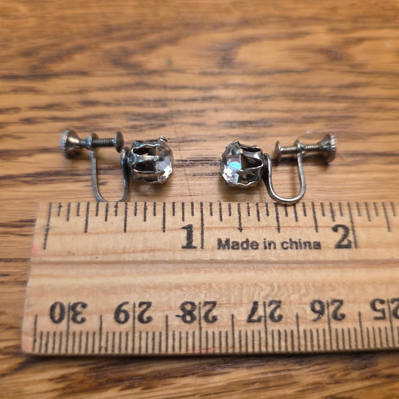 Vintage Silver Tone Clear Crystal Screw Back Earrings Round Solitaire 1950s Gift