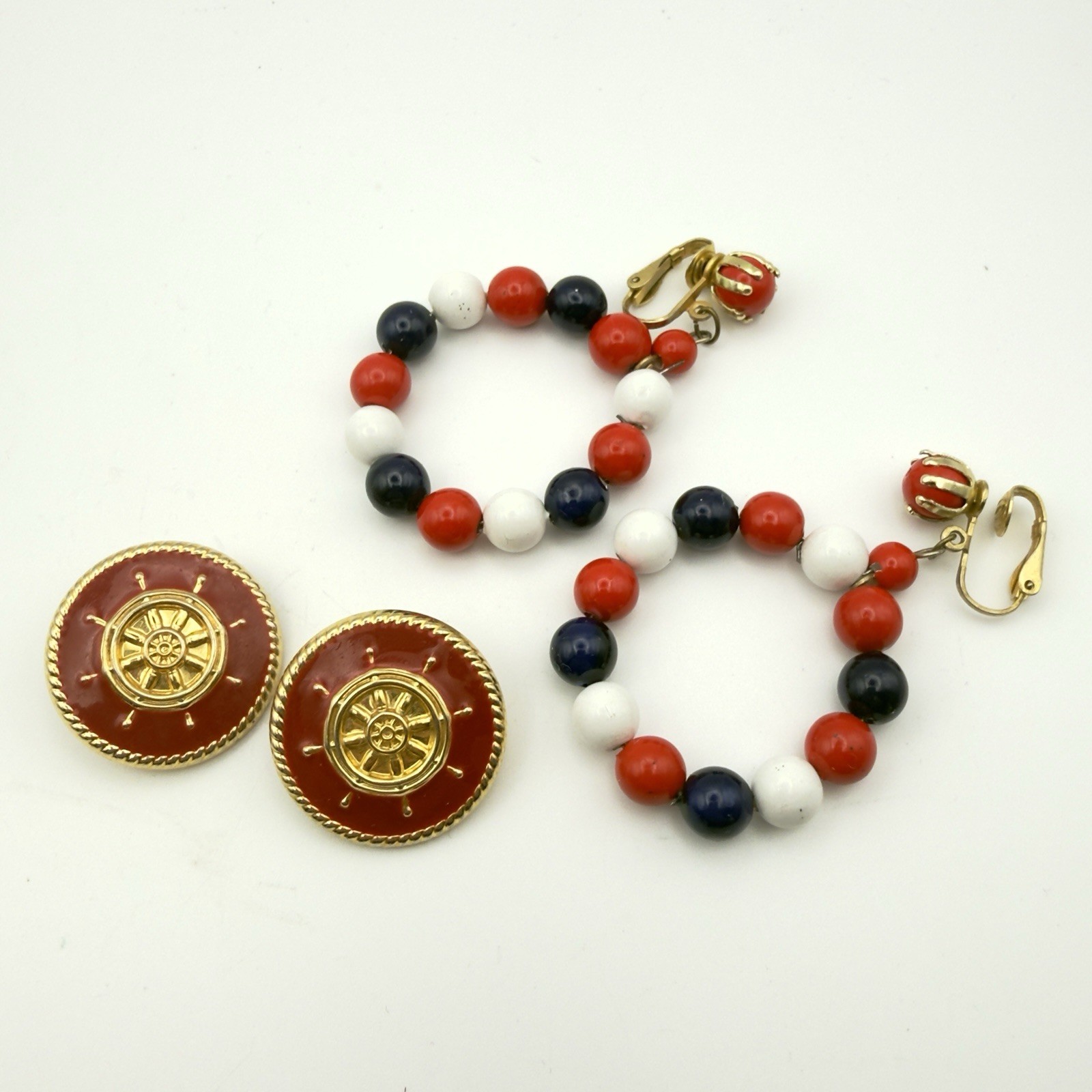 Vintage Clip On earrings Lot Nautical Red White Blue Hoop Button Retro 10pr USA