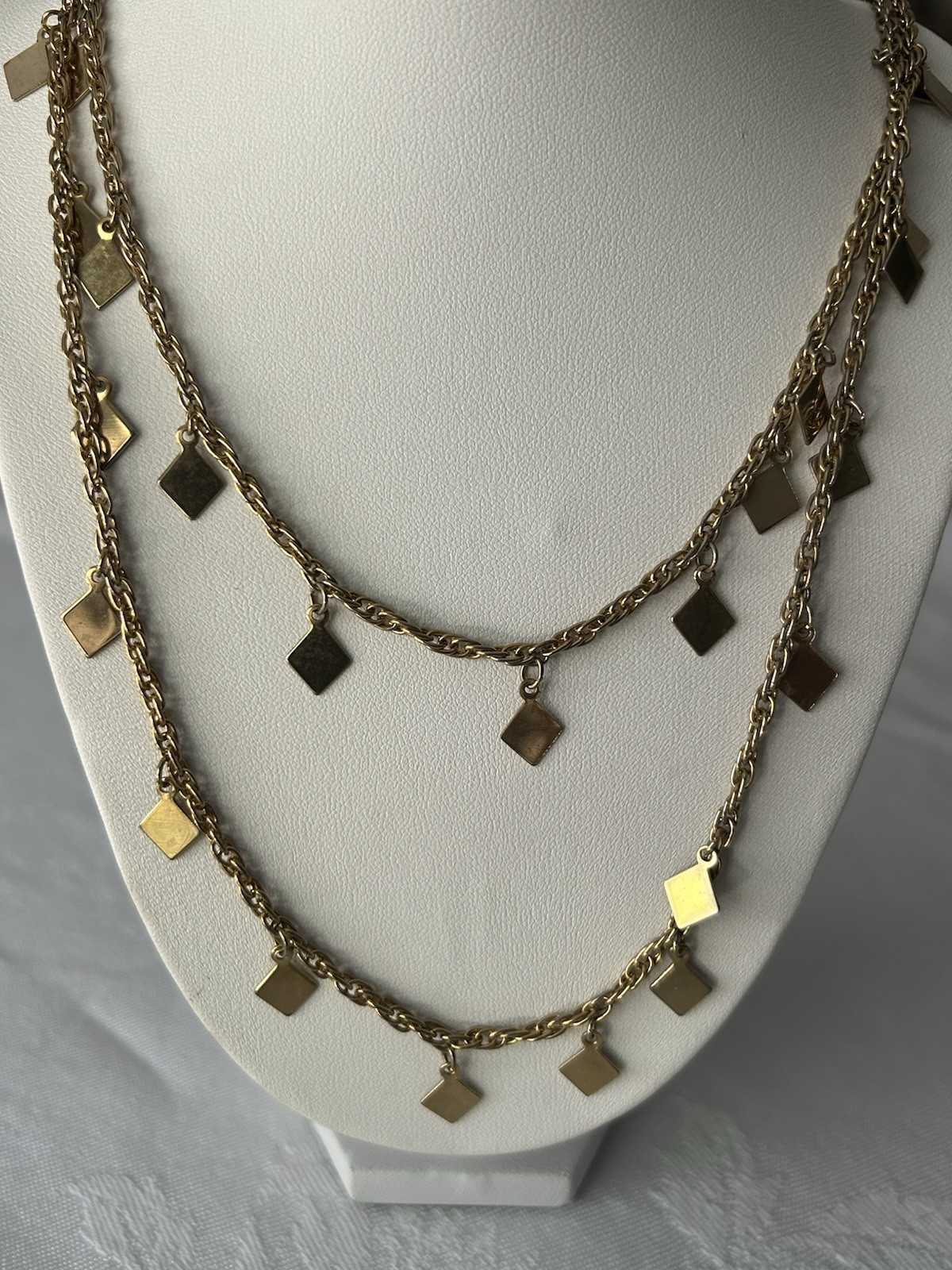 Vintage Gold Tone Station Necklace Dangle Square Charm Long Layering Necklace