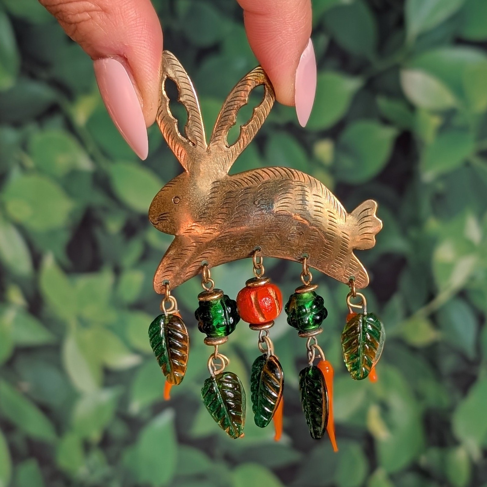 Vintage Artisan Brass Glass Rabbit Brooch Carrots Leaves Etched Bunny Art Pin
