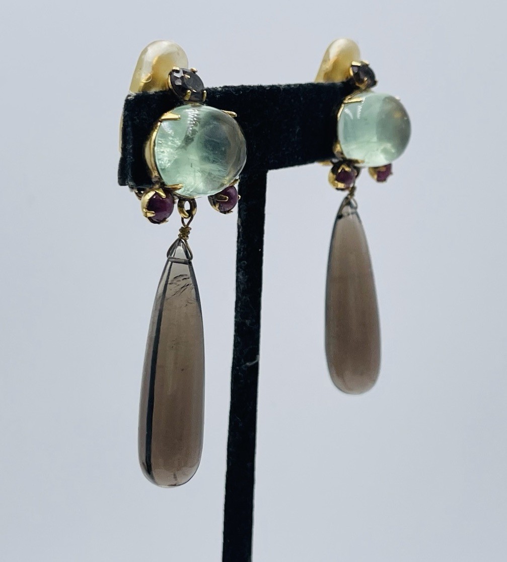 Iradj Moini Vintage Gold Plated Green Beryl Smoky Quartz Ruby Dangle Earrings