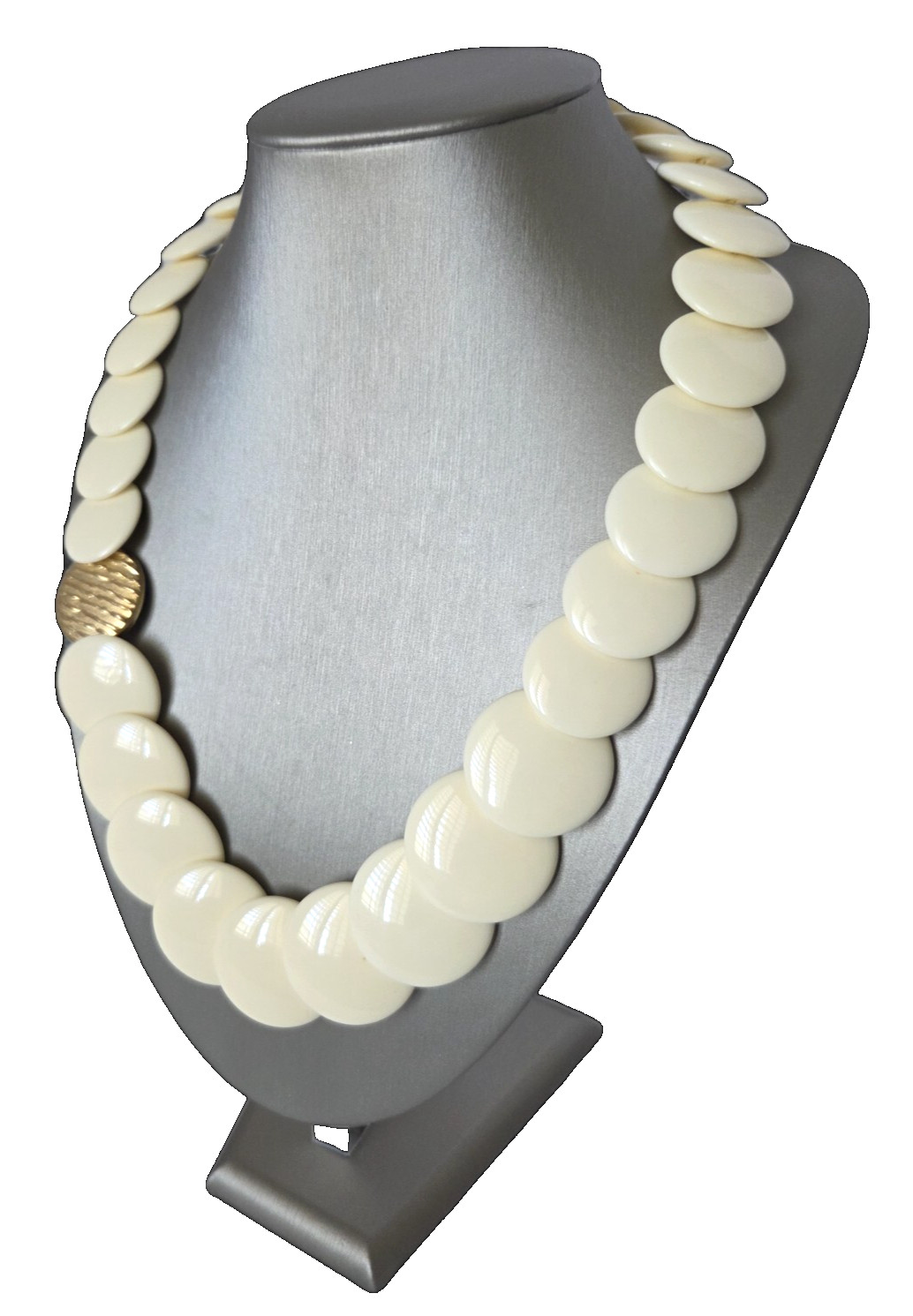 Vintage Lucite Round Flat Graduated Bead Necklace Ivory And Gold Focal Bead 24″