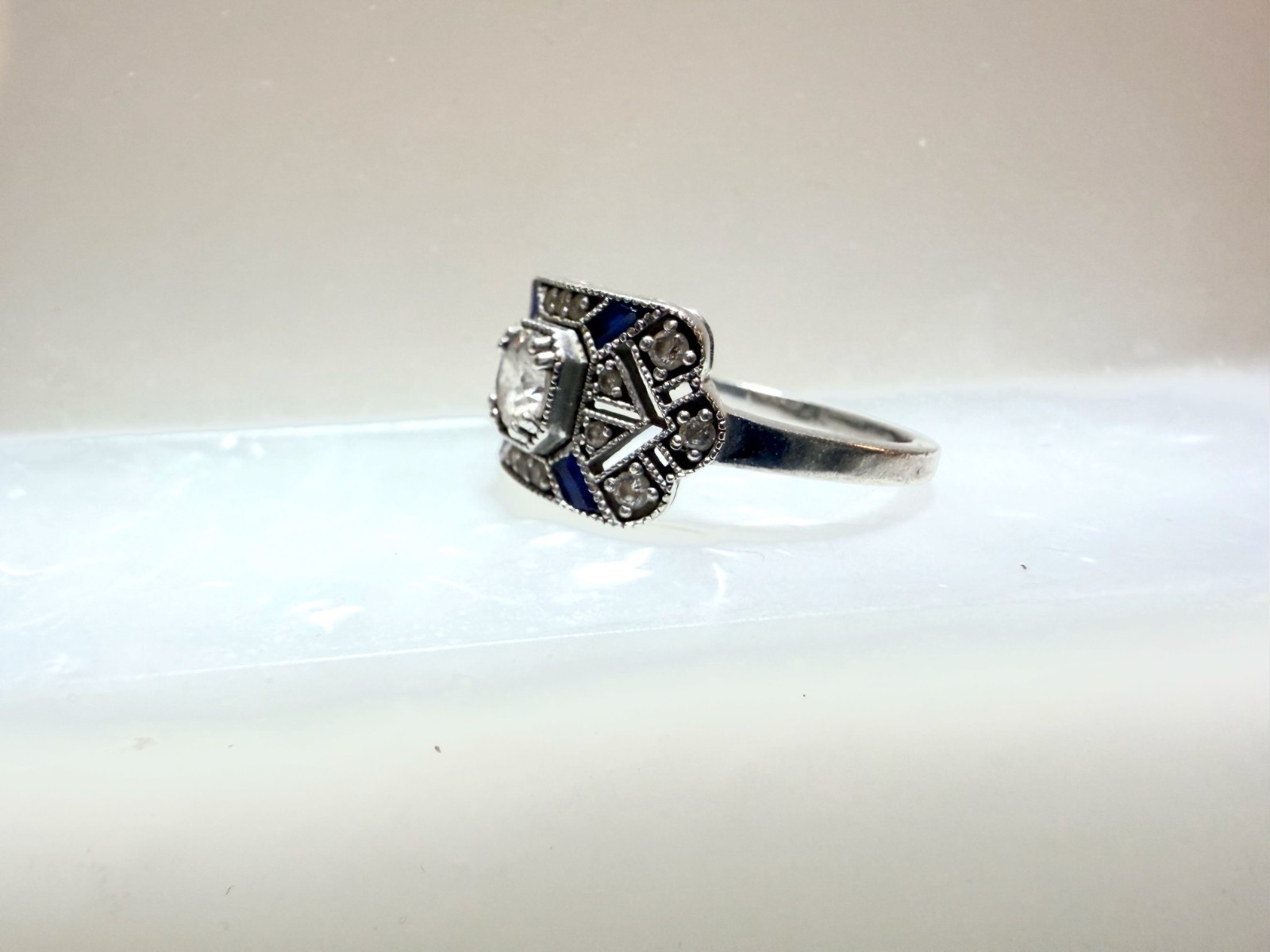 Art Deco Style Sterling Silver CZ & Blue Sapphire Accents Ring – Size 7