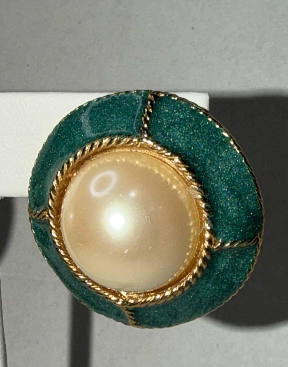 Vintage Gay Boyer Green Enamel Faux Pearl Gold Accent Clip-On Earrings