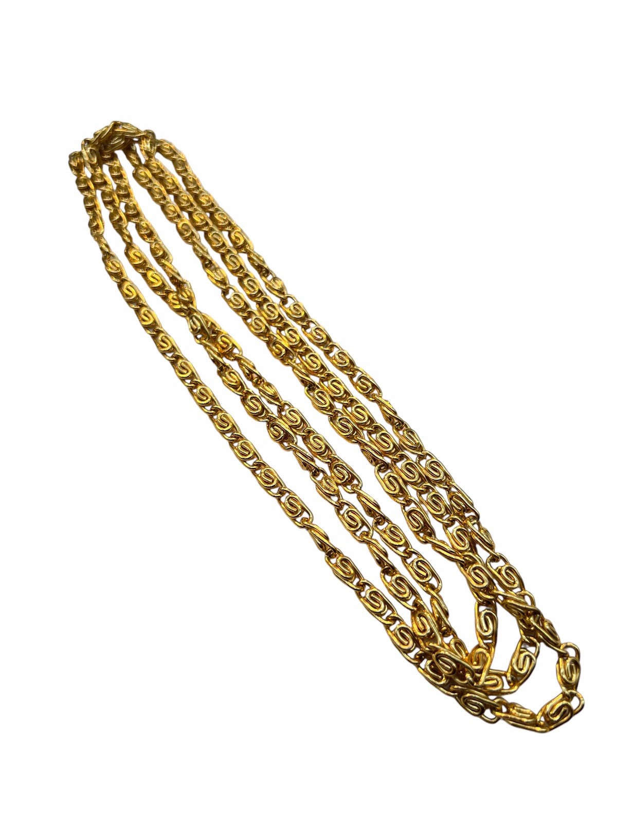 Gold Sautior Flapper Necklace 52” Eloxal Plated Aluminum 1970s Swirl Link B8