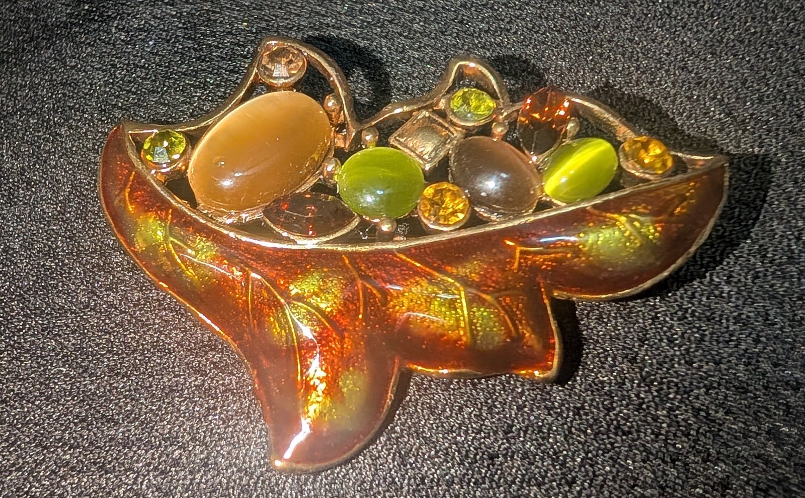 Vintage Autumn Leaf Brooch Enamel Cat’s Eye Glass Rhinestone Fall Colors 2″