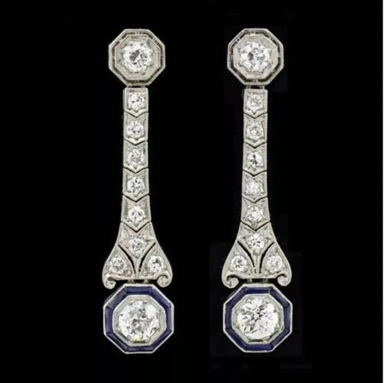14K White Gold FN Art Deco Style Lab Created Diamond & Sapphire Drop Earrings