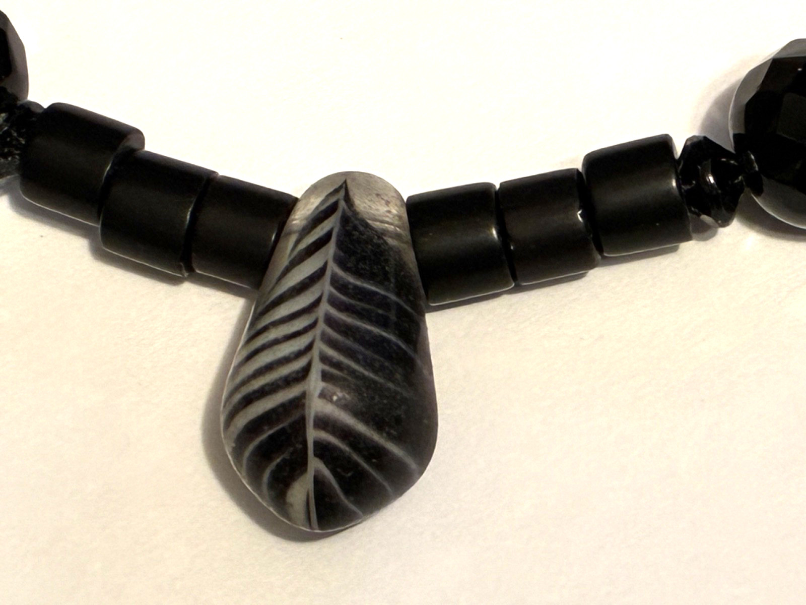 VTG Necklace 34″ Faceted Black Crystal Beads and W. African Trade Dondon Sole