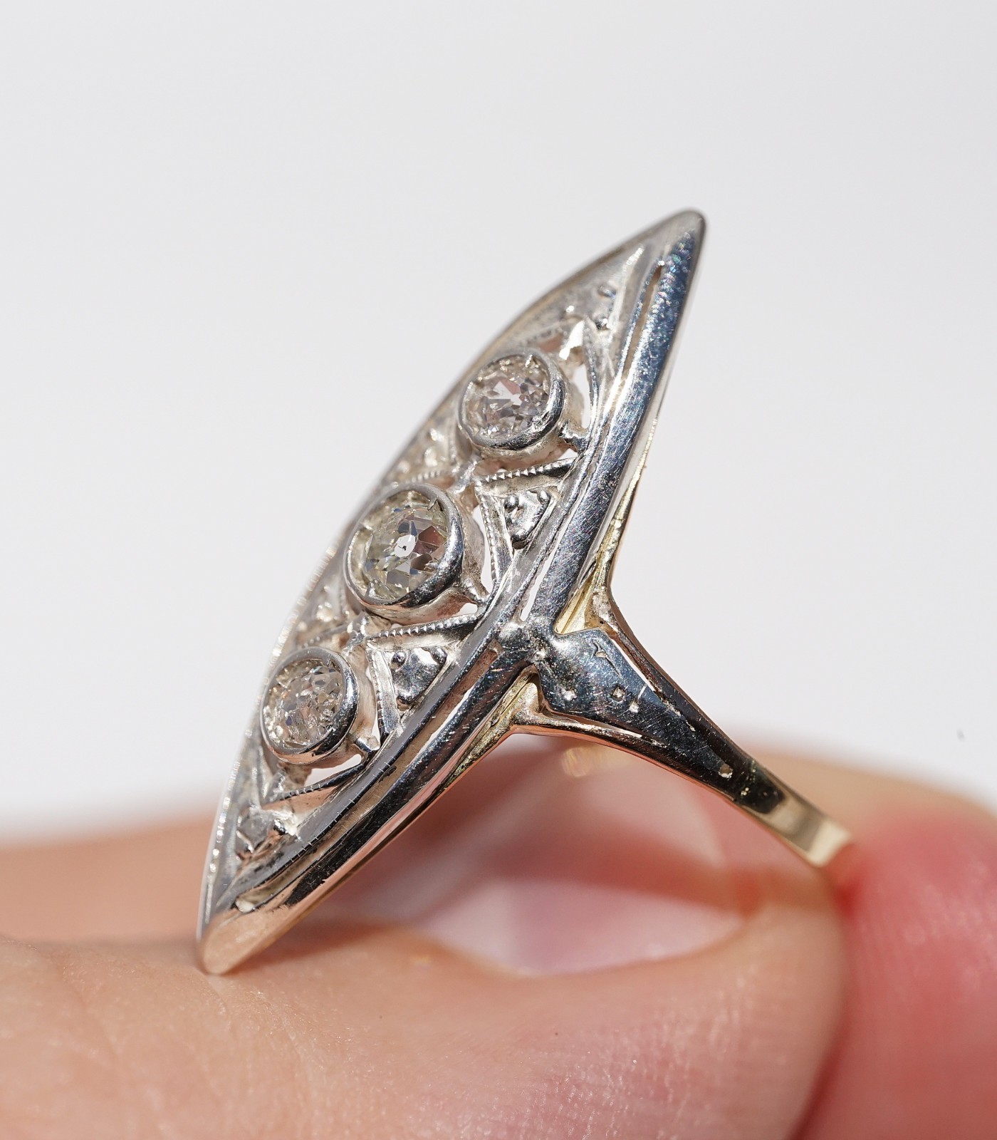Antique Edwardian 12k Solid Gold Natural Old European Cut Ring Filigree Navette