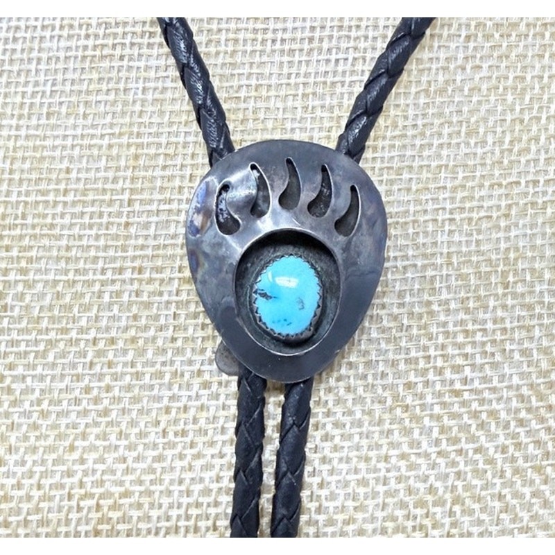 Sterling Silver Turquoise Bear Claw Paw Bolo Tie Southwest Native Shadowbox