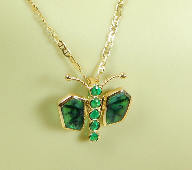 Colombian Trapiche Emerald 3.12 TCW Butterfly Pendant 18K Y Gold Jewelry Muzo M