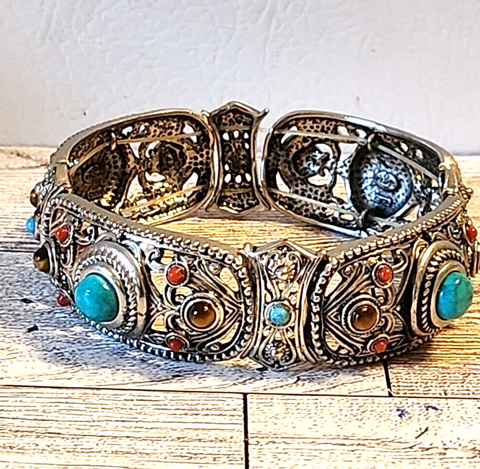 XL Graziano Bracelet Faux Turquoise and Red Bead Silvertone Stretch Band Vintage