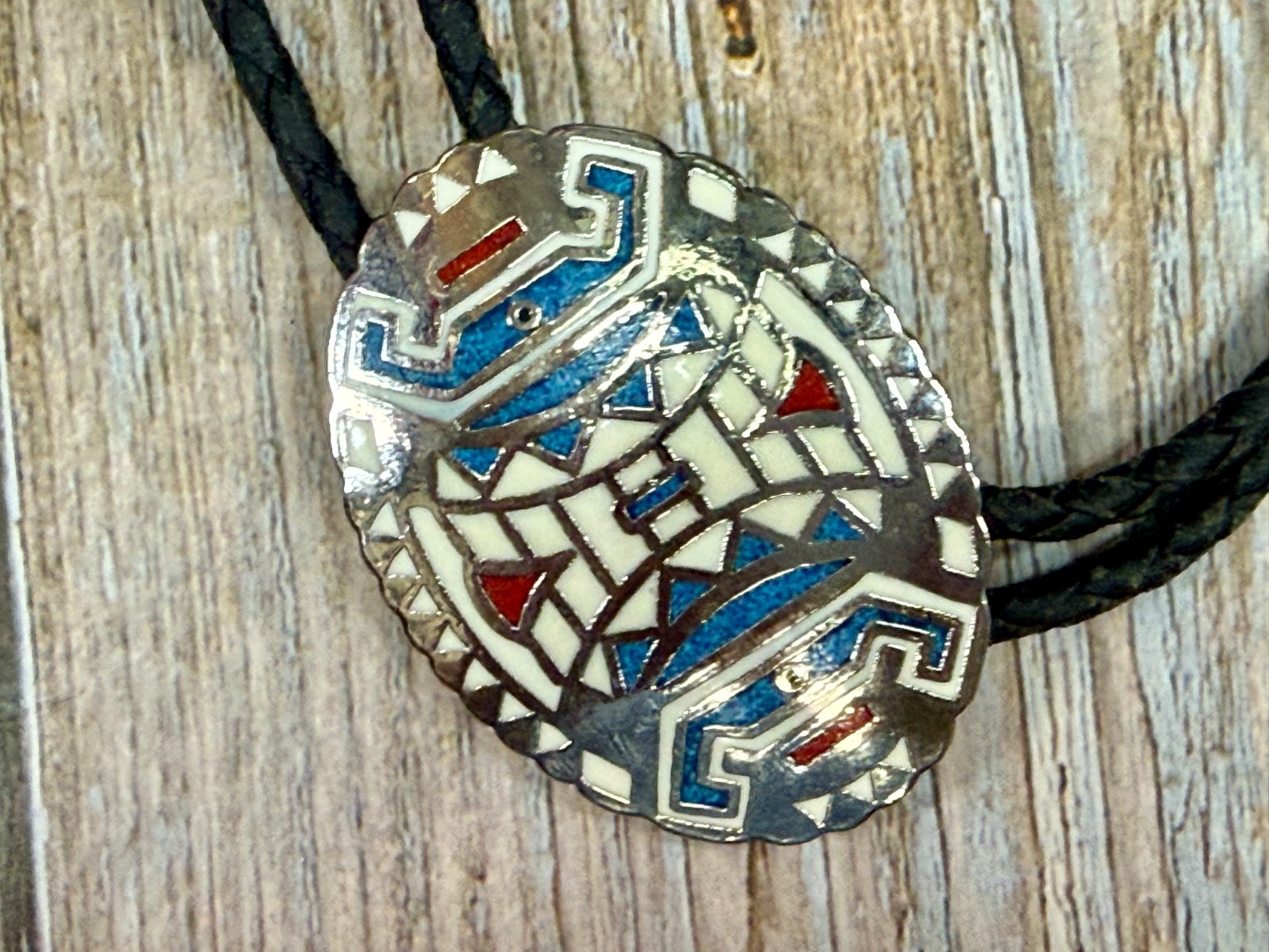 Southwestern Tribal Art Turquoise Coral Chip Inlay Vintage Bolo Tie