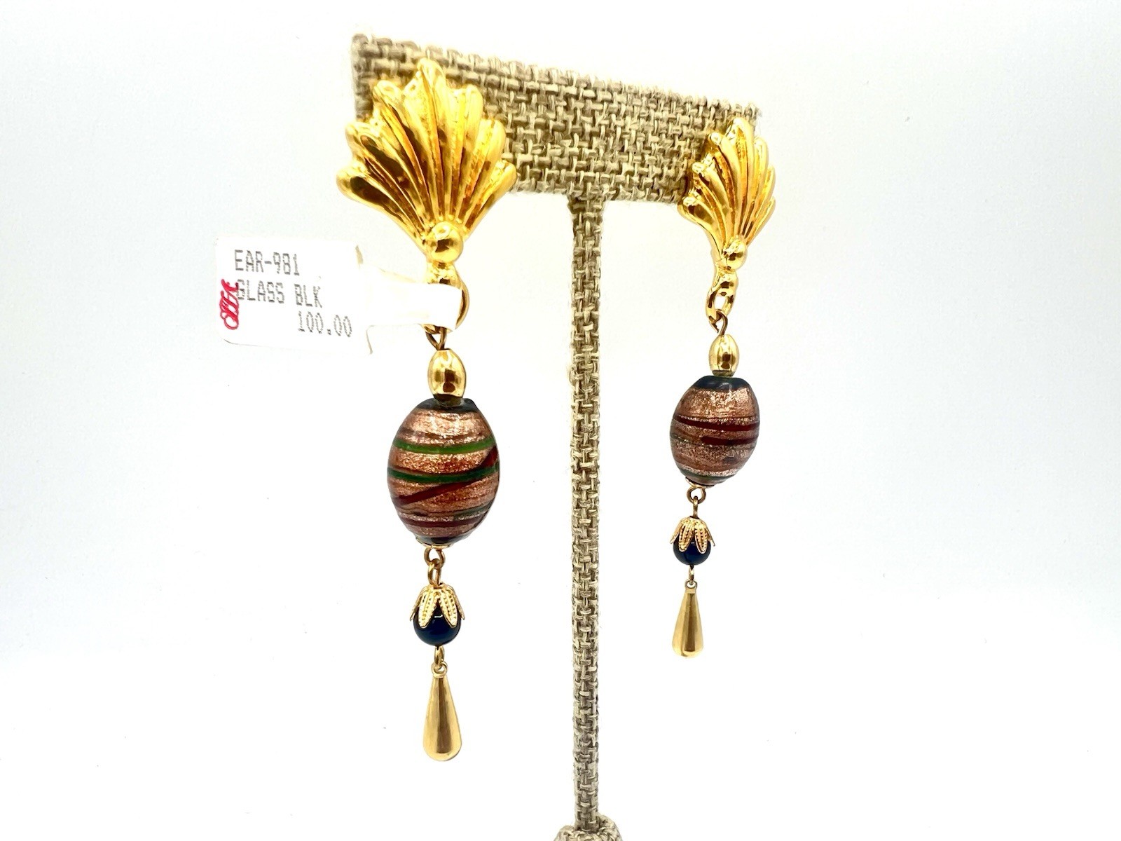 Vintage Gold Black Glass Bead Earrings Dangles New Old Stock NOS 1980s NWT VR