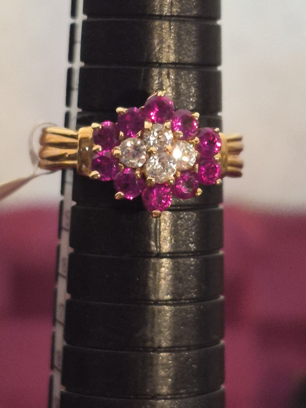 New Vintage Lindenwold Cluster Ring – Size 6.75 / 7 – Ruby Red & Clear Cz