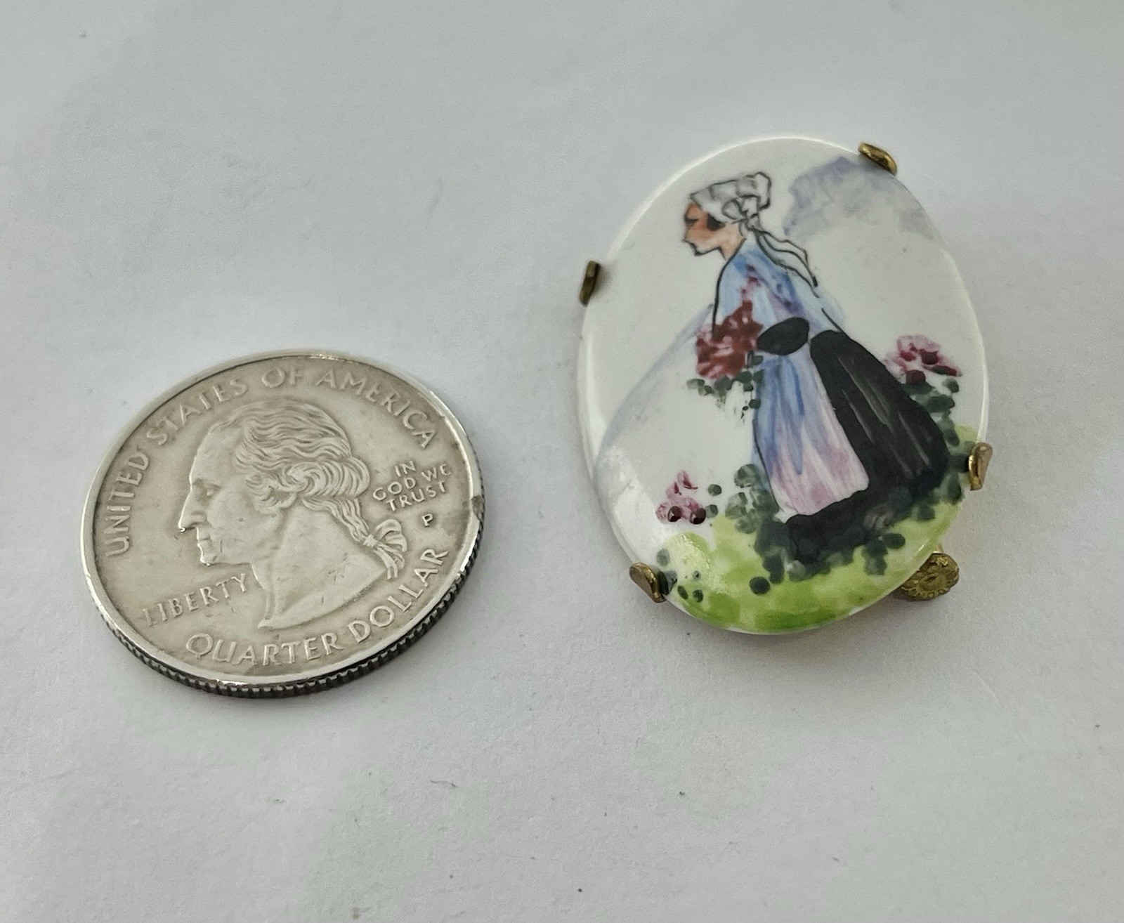 Art Deco Hand Painted Portrait of a Lady in Ethnic French Costume Bonnet Brooch